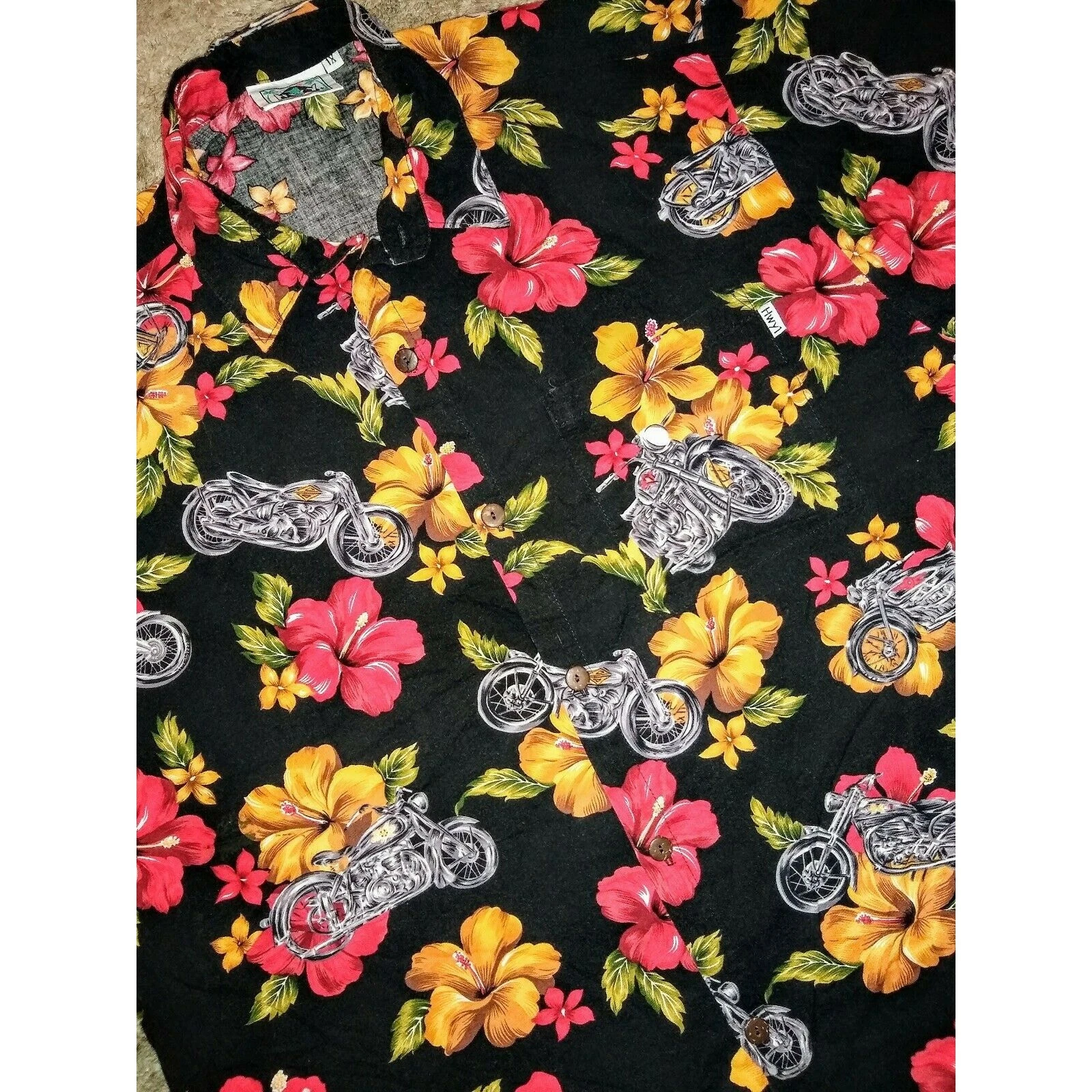 HWY 1 Hawaiian Aloha Shirt Camp Motorcycle Fruit Flower Bold Colorful Sz 1X XL