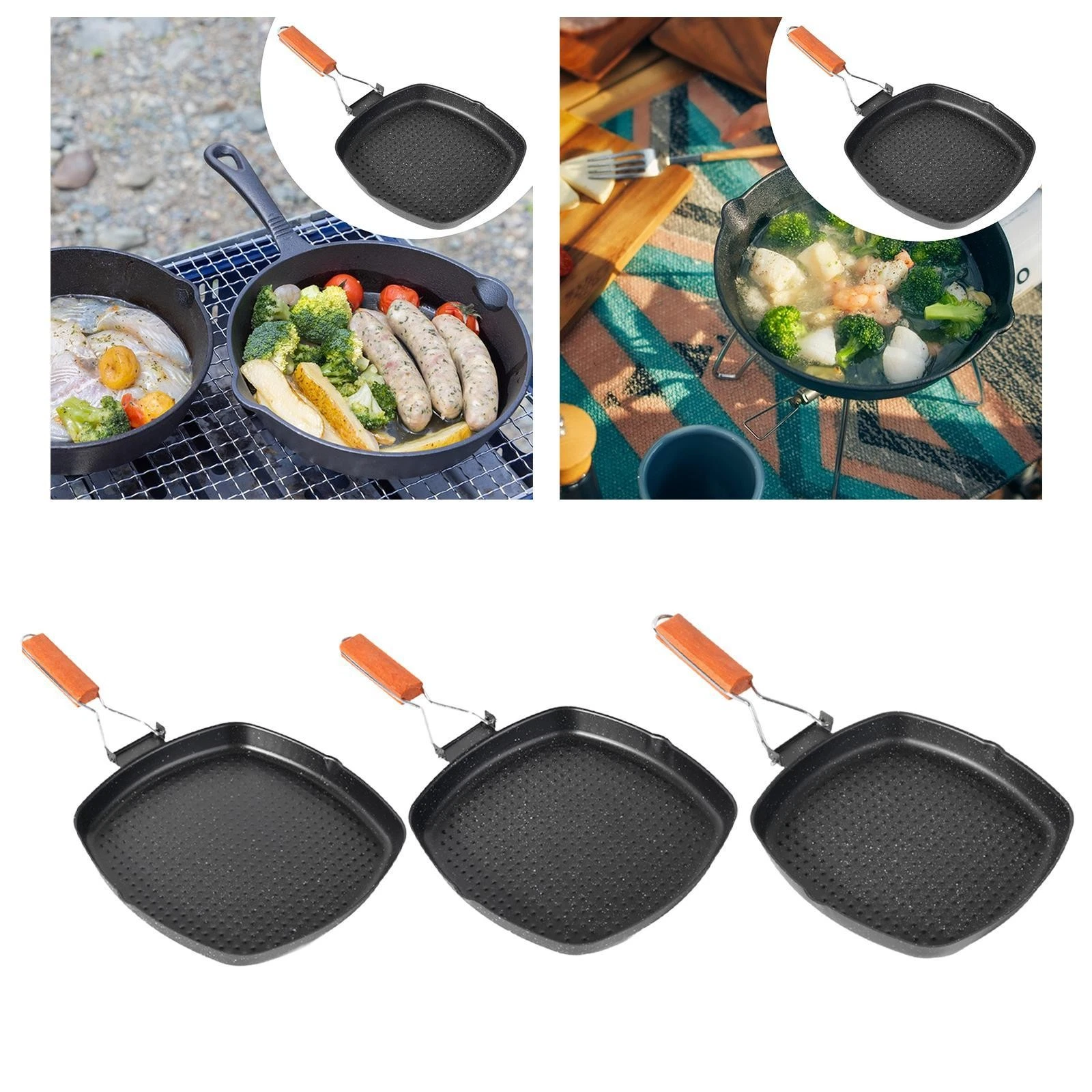 Steak Frying Pan with Folding Handle Multifunctional Compact Flat Griddle Pan