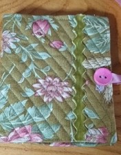 Handmade needlebook green Pink Flower Fabric with button ribbon Velvet 10 x 11cm