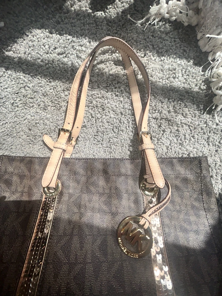 Bolso de Mano Michael Kors Grande Firma Cuero Marrón Oro Rosa Lentejuelas 👜  Foto 4 de 4