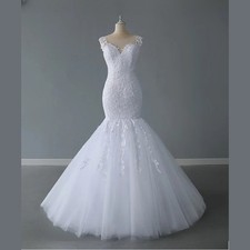 Mermaid Wedding Dress O-Neck Illusion Shoulder Lace Appliques Beaded Tulle Court