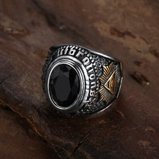 Mens Stainless Steel Gold Masonic Ram Simulated Black Onyx Ring Size 7 8-15 Gift