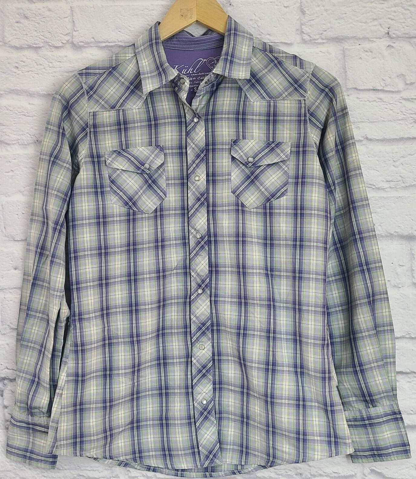Kuhl Outdoor Pearl Snap Shirt Women's Small Long Sleeve Plaid Purple Gray White
