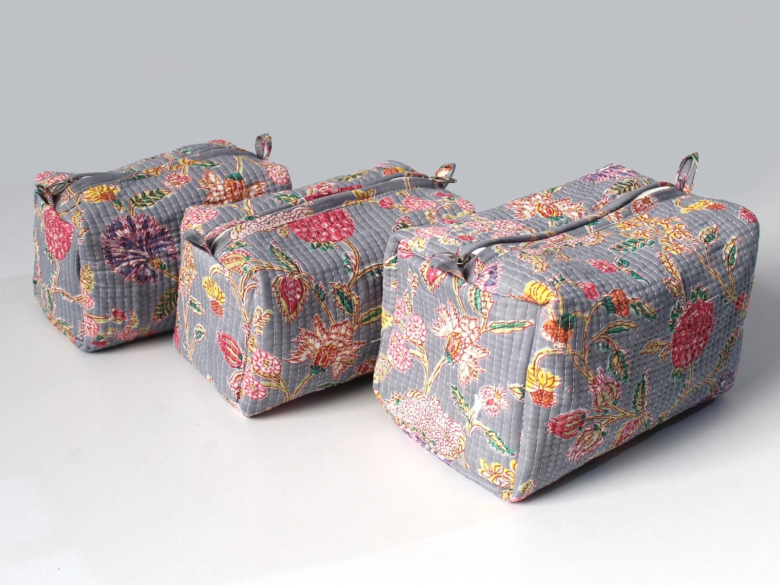 3 pc Set Indian Cotton Quilted Toiletry Bag Makeup Cosmetic Carry Bag Waterproof