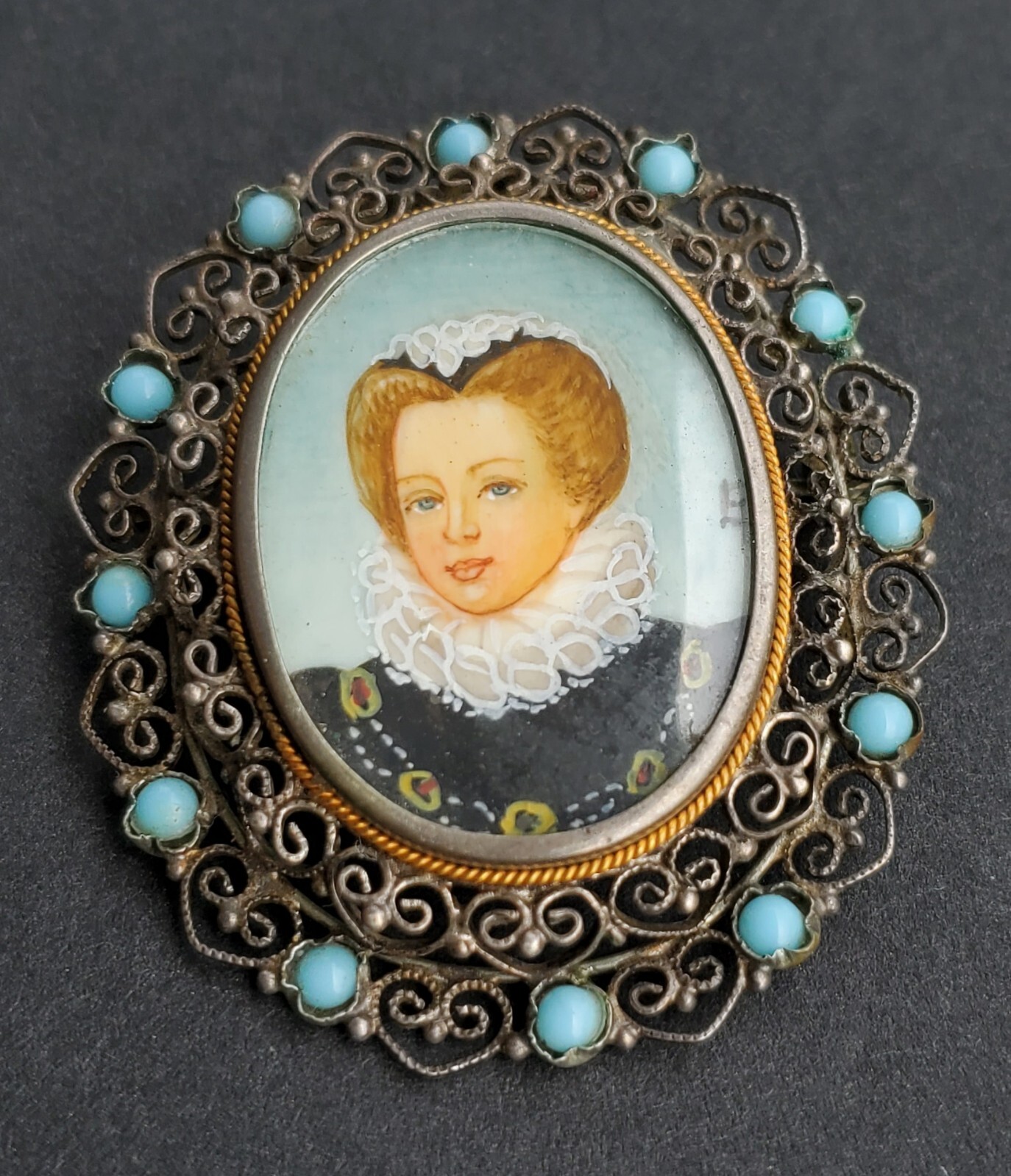 Antique Hand Painted Brooch 800 Silver Gem