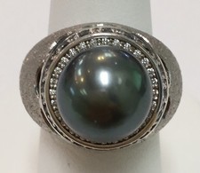  Alex Soldier Encrusted 18k WG 12mm Tahitian Pearl Ring Dia .14ct  w/ Aquamarine