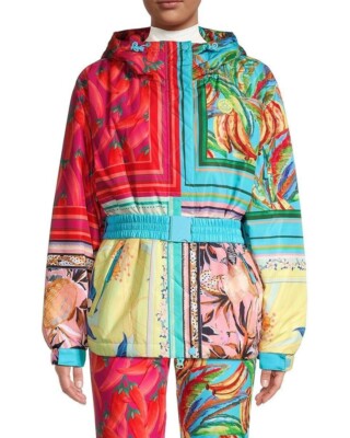 Farm Rio L Large Mixed Scarves Ski Puffer Jacket Belted Hooded Coat $465