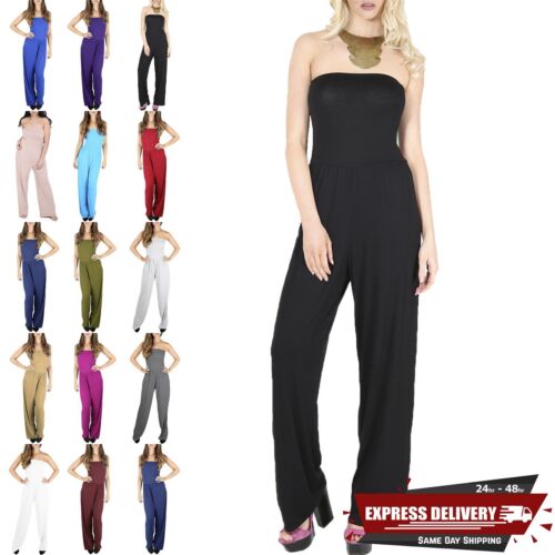 Ladies Women All In One Piece Casual Boobtube Wide Leg Palazzo Playsuit Jumpsuit - Picture 1 of 37
