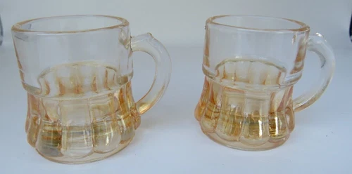 2 Vintage FEDERAL Glass Company AMBER Yellow Mini Mug SHOT Glasses