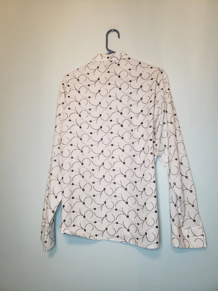 Ko's Мужская рубашка Sz L кнопка спереди отверстие вышивка длинным рукавом белый черный - Изображение 2 из 4