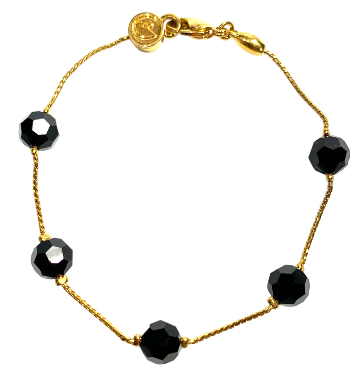 VALENTINO Bracciale Vintage Swarovski Tono Oro Sfaccettato Cristallo Nero Perline su Catena Grano