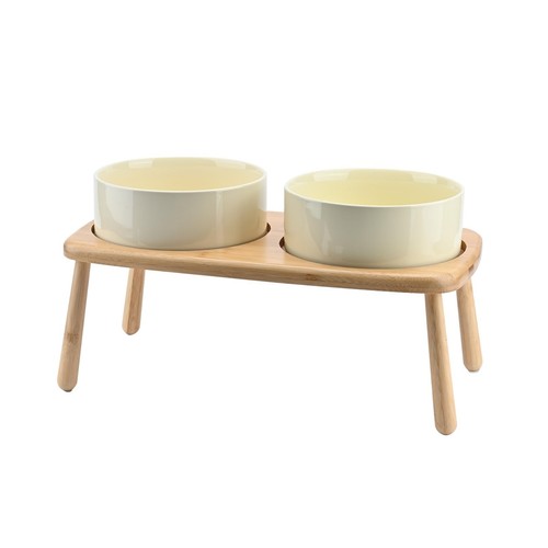 Raised Dog Bowls Ceramic Dog Bowls Elevated with Non-Slip Wooden Stand Dog Fo...