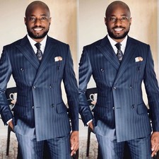 Navy Blue Striped Men's Suit Peak Lapel Double Breasted Wedding Tuxedo Coat Pant