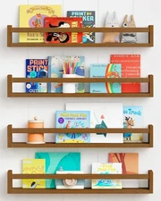 24 Inch Wooden Floating Nursery Book Shelves for Wall, Walnut Nursery Bookshe...