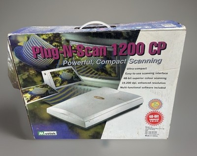 Mustek Plug-N-Scan 1200 CP, a vintage scanner  released in the late 1990s.