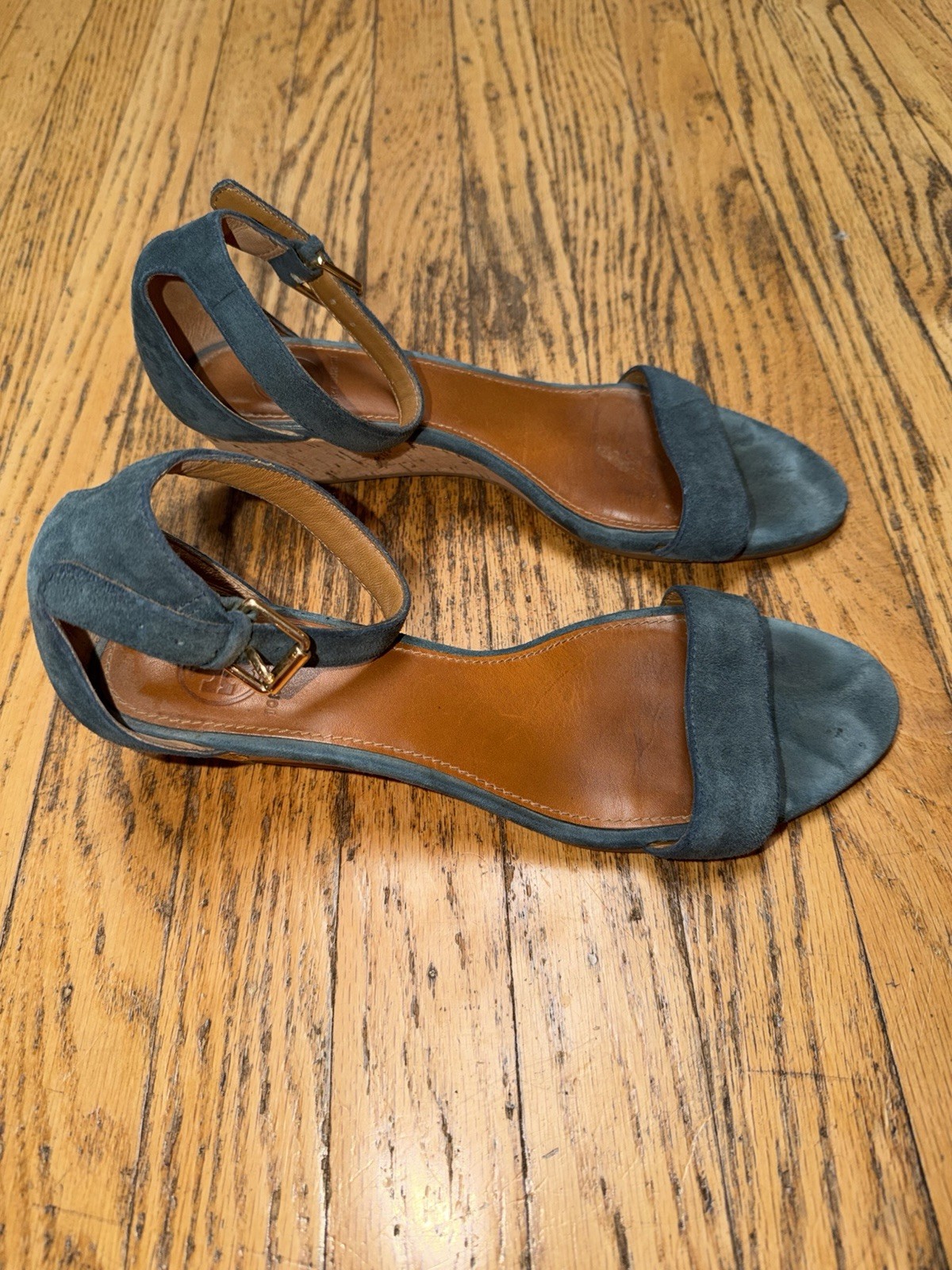 Tory Burch Blue Suede Ankle Buckle Strap Cork Wedge Sandals Sz Women’s 8.5M 