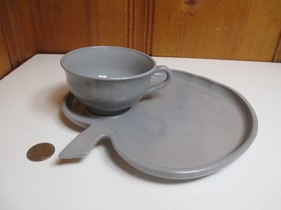 Hazel Atlas Gray Milk Glass Apple Luncheon Snack 6oz Cup & Plate Set 1940's Mint