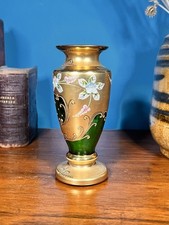 Czech Bohemian Egermann / Moser Gold & Green Art Glass Vase Hand Painted