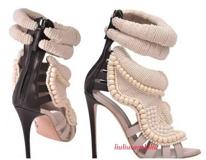 Womens's Roma Stilettos High Heel Shoes Open Toe Hollow Out Pearls Sandals CHIC