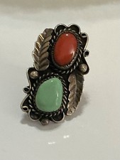 VTG Native American Lg Sterling Silver Turquoise Coral Ring..Size 5-1/4