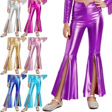 Kids Girls Pants Performance Bell-Bottom Wide-leg Trousers Shiny Pageant Daily
