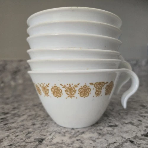 6 Vintage 1970's Mid Century Corning Corelle Butterfly Gold Coffee Cups w/ Hook