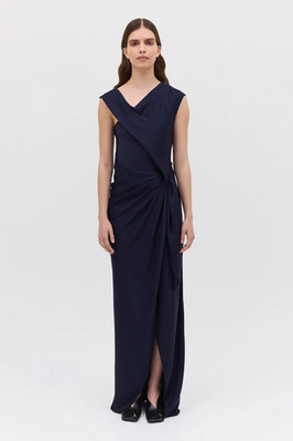 BIANCA SPENDER NAVY SATIN CREPE DEVIATION GOWN SIZE 4