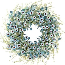 Blue Daisy Wreath 24 Inch Spring Summer Fake Silk Floral Wreath with Green