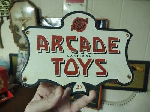VINTAGE ARCADE CAST IRON TOYS DEALER PORCELAIN METAL SIGN TAXI TRUCK CAR GAS OIL