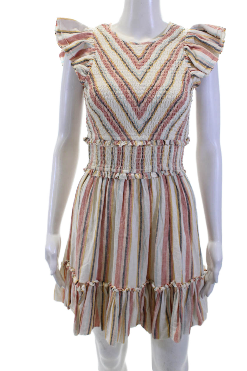Saylor Womens Fit & Flare Mini Striped Beige Cotton Short Sleeve Dress Size XSFree Shipping in US $100+ Orders | $6.95 Orders Below