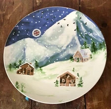 Harvest Green Studio Porcelain 11 Inch Plate Winter Snow Cabin Mountain Scene