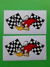 WOODY WOODPECKER CHEQUERED FLAG RACING RALLY VINYL DECAL STICKERS x 2 UK SELLER