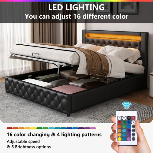 LED Light Functional Upholstered Bed with Slatted Frame and Storage Space - Picture 9 of 26