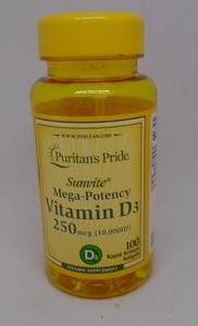 Puritans Pride Sunvite Mega-Potency Vitamin D3 10000 IU 100 Softgels