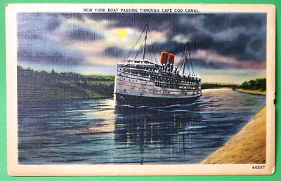 New York Boat passing through Cape Cod Canal at night Buzzards Bay postmark 1940