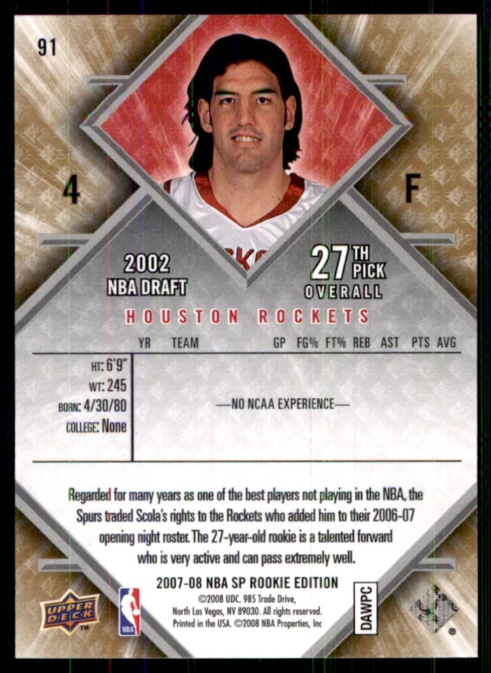 2007-08 SP Rookie Edition Luis Scola RC Houston Rockets #91 - Image 2 of 2