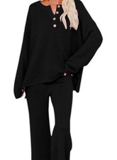 Black Henley Waffle Knit Lounge Set