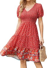 NWT $40 SZ L 12/14 CUQY Smocked Dress Women Puff Sleeve Floral Bohemian  DRESS