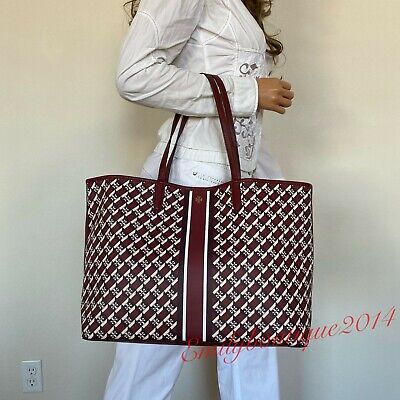 NWT Tory Burch 89762 Geo Logo With Stripe Tote In Crimson Red Canvas  Leather Bag | eBay