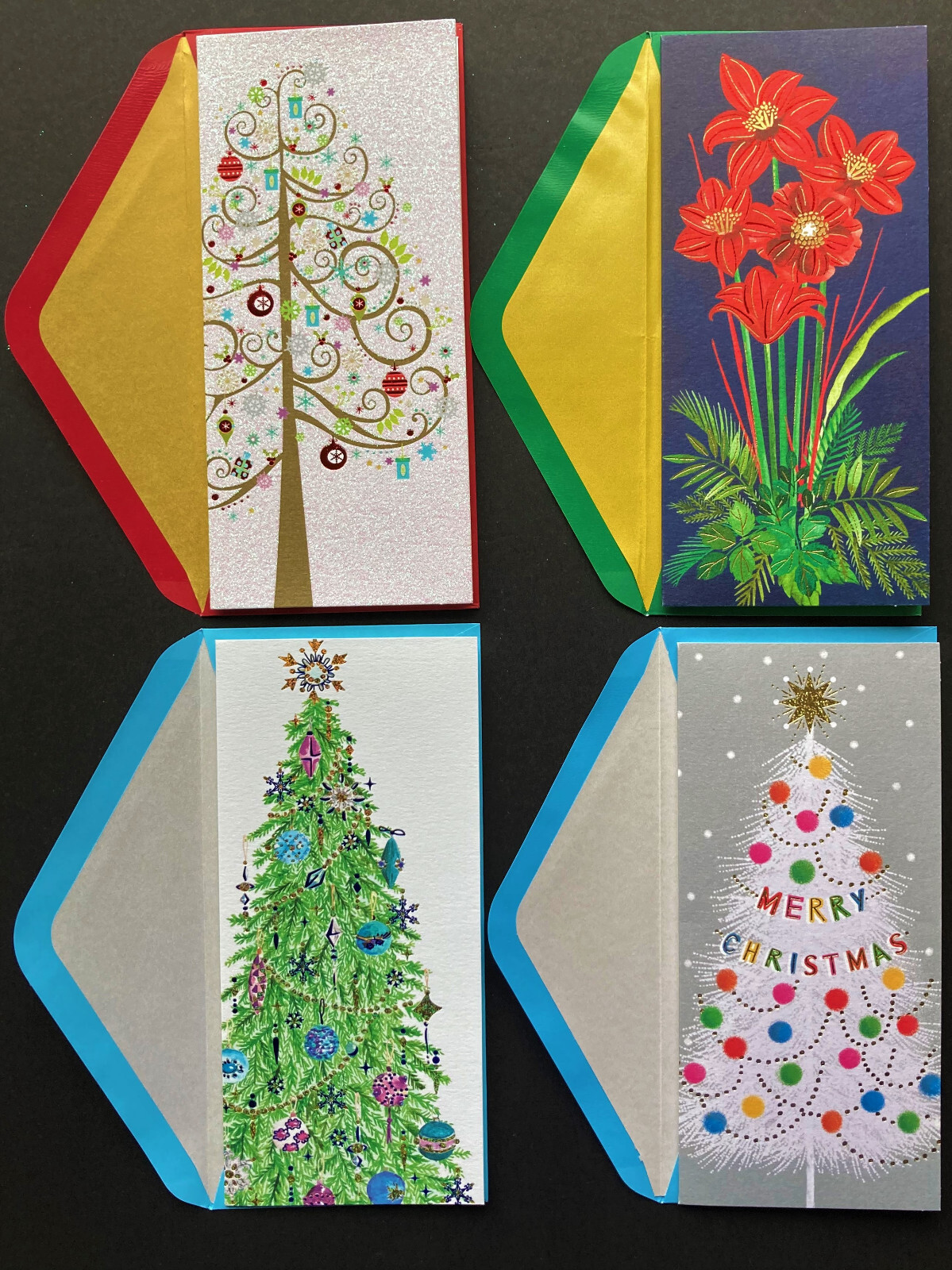 4 Papyrus Assorted Christmas Holiday Cards Tree Amaryllis Glitter Gold