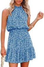 Women's neck hanging summer floral print casual sleeveless backless Blue