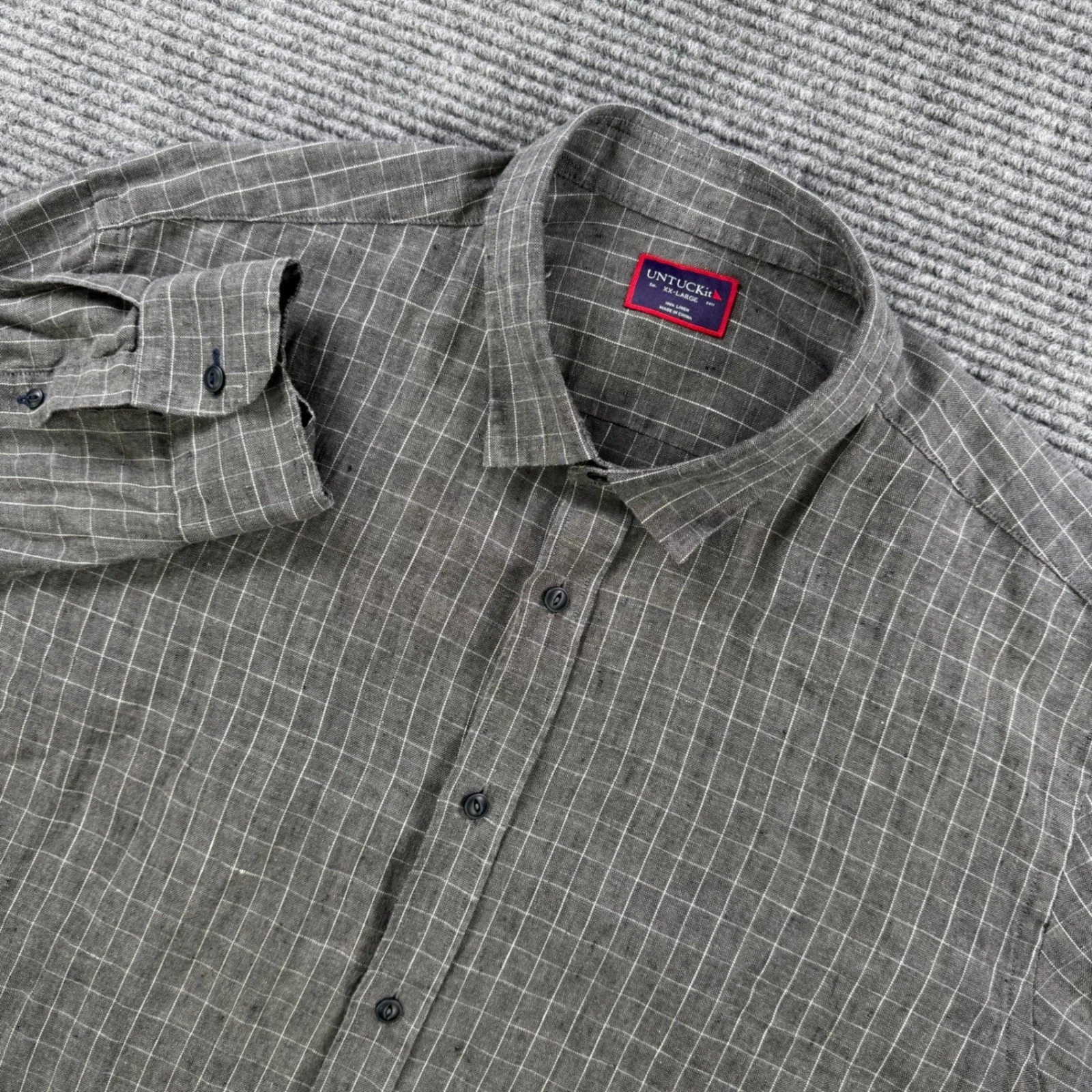 UNTUCKit Chauvin WR Gray Windowpane 100% Linen Shirt Mens XXL Long Sleeve 2XL