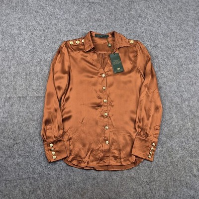 Holland Cooper Blouse Womens UK 8 Caramel Brown Silk V Neck Gold Buttons Classic