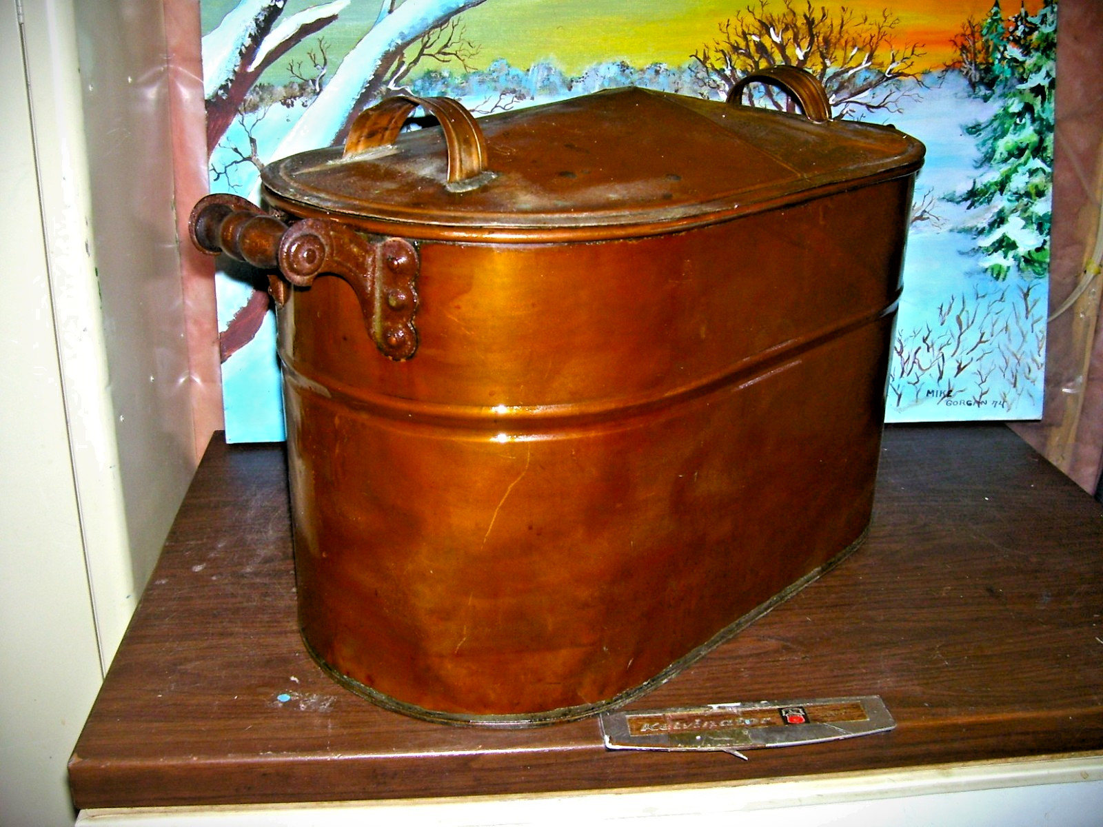ANTIQUE COPPER WASH BOILER  TAPPERED LID ~ PRIMITIVE LAUNDRY TUB ~ STORAGE DECOR