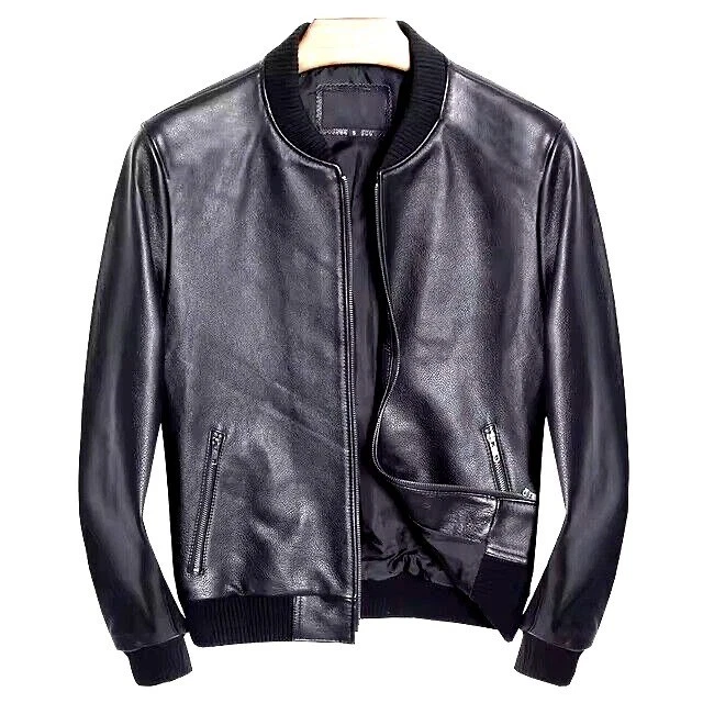 Men's Genuine Sheepskin Leather Bomber Jacket Black Biker Slim Fit Lined Jacket