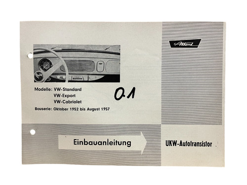 Original Einbau Anleitung / Akkord UKW-Autotransistor VW Standard Export Cabrio