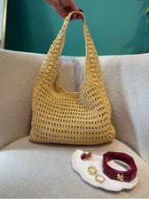 Handmade Crochet Shoulder Bag Boho Knit Tote Bag Summer Beach Bag Beige Women