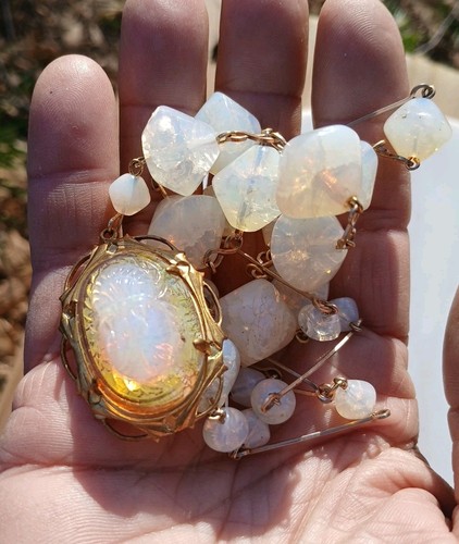 VINTAGE EGYPTIAN OPAL FOIL SCARAB ANTIQUE FOIL CRACKLE GLASS NECKLACE EARRINGS