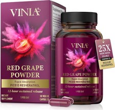 VINIA Red Grape Powder Capsules Resveratrol and Nitric Oxide Supplement 30 Cap