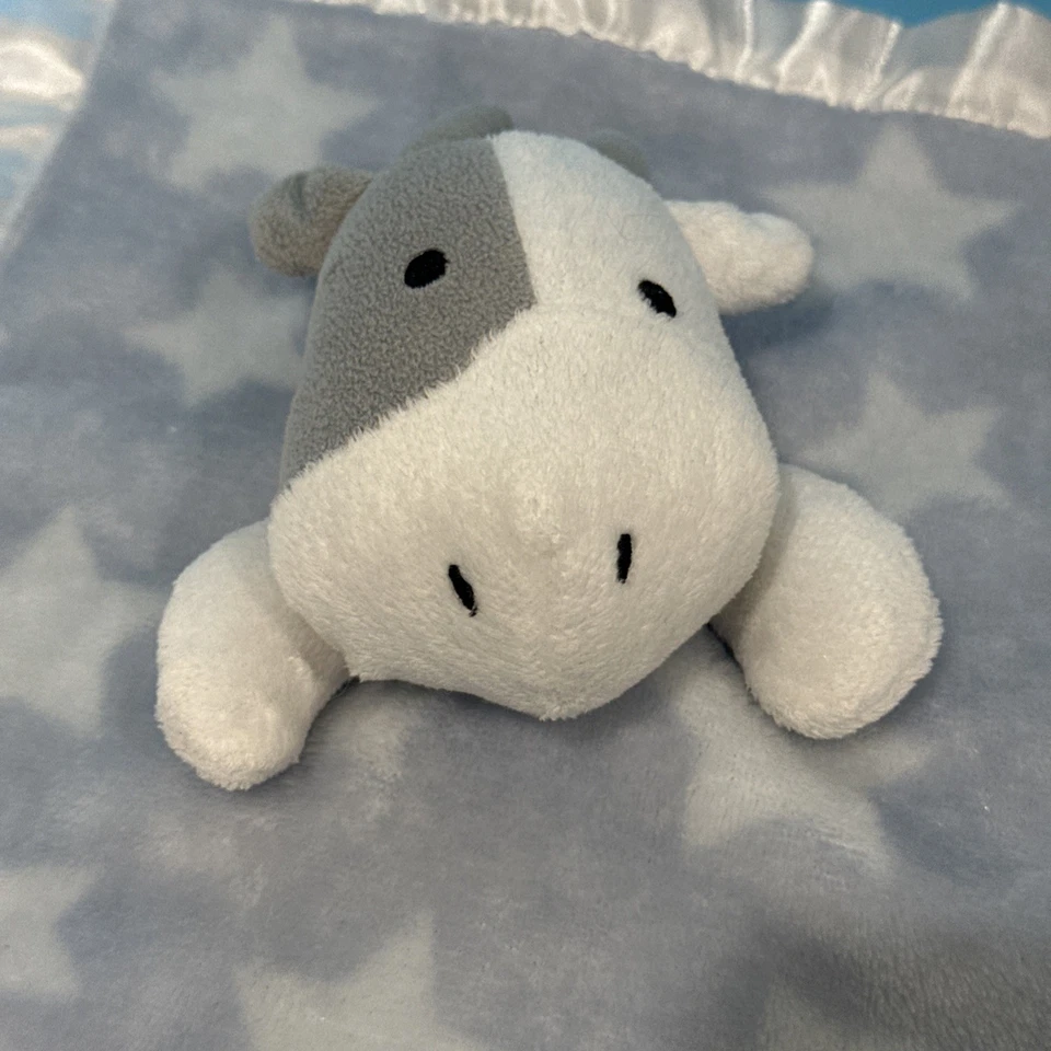 Manta de seguridad Nurture Baby Lovey azul gris blanco estrellas satinado felpa vaca cabra Foto 2 de 4